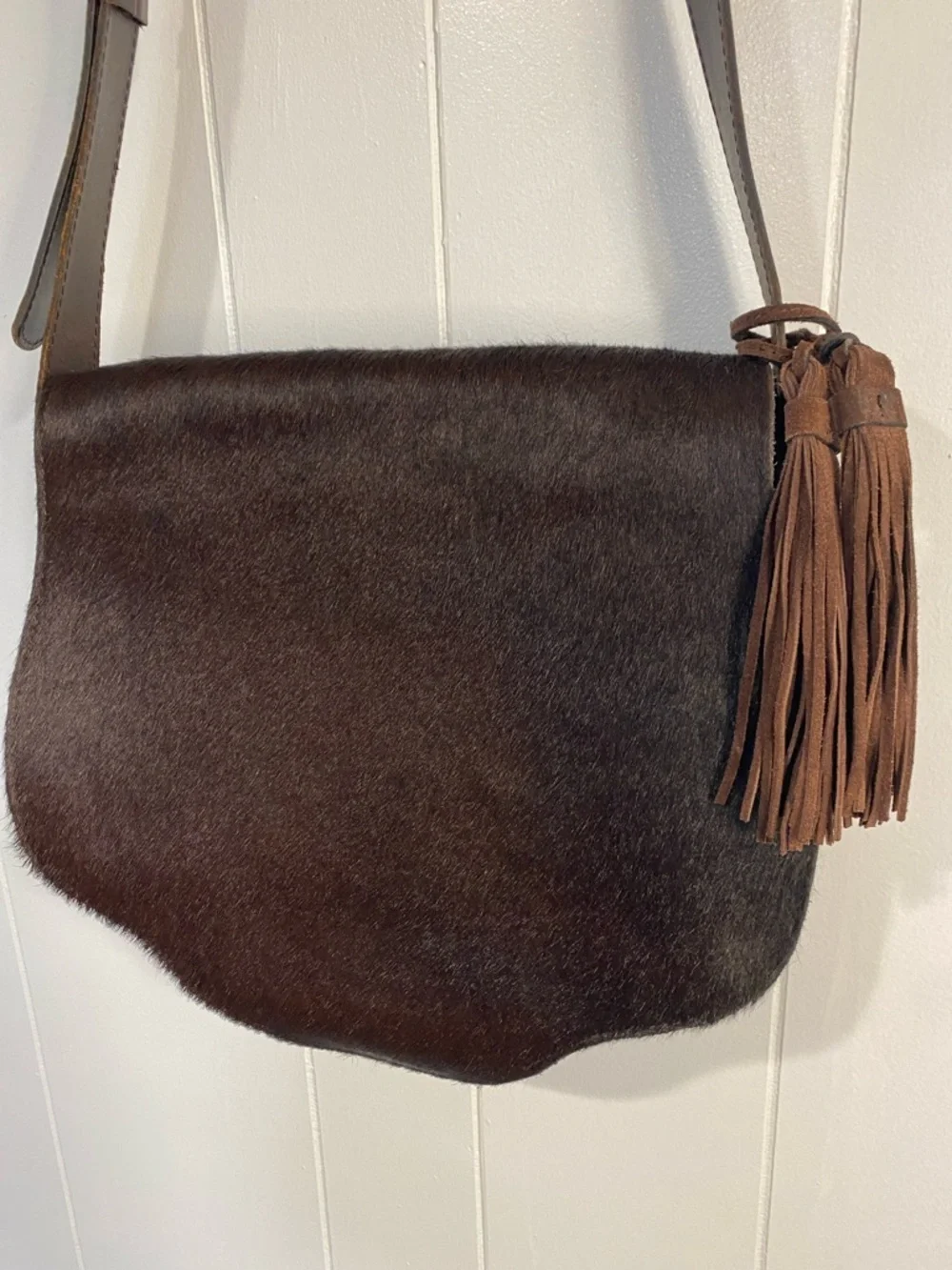 Patricia Nash Purse Italian Leather Fur Saddle Bag Western Boho Fringe Crossbody